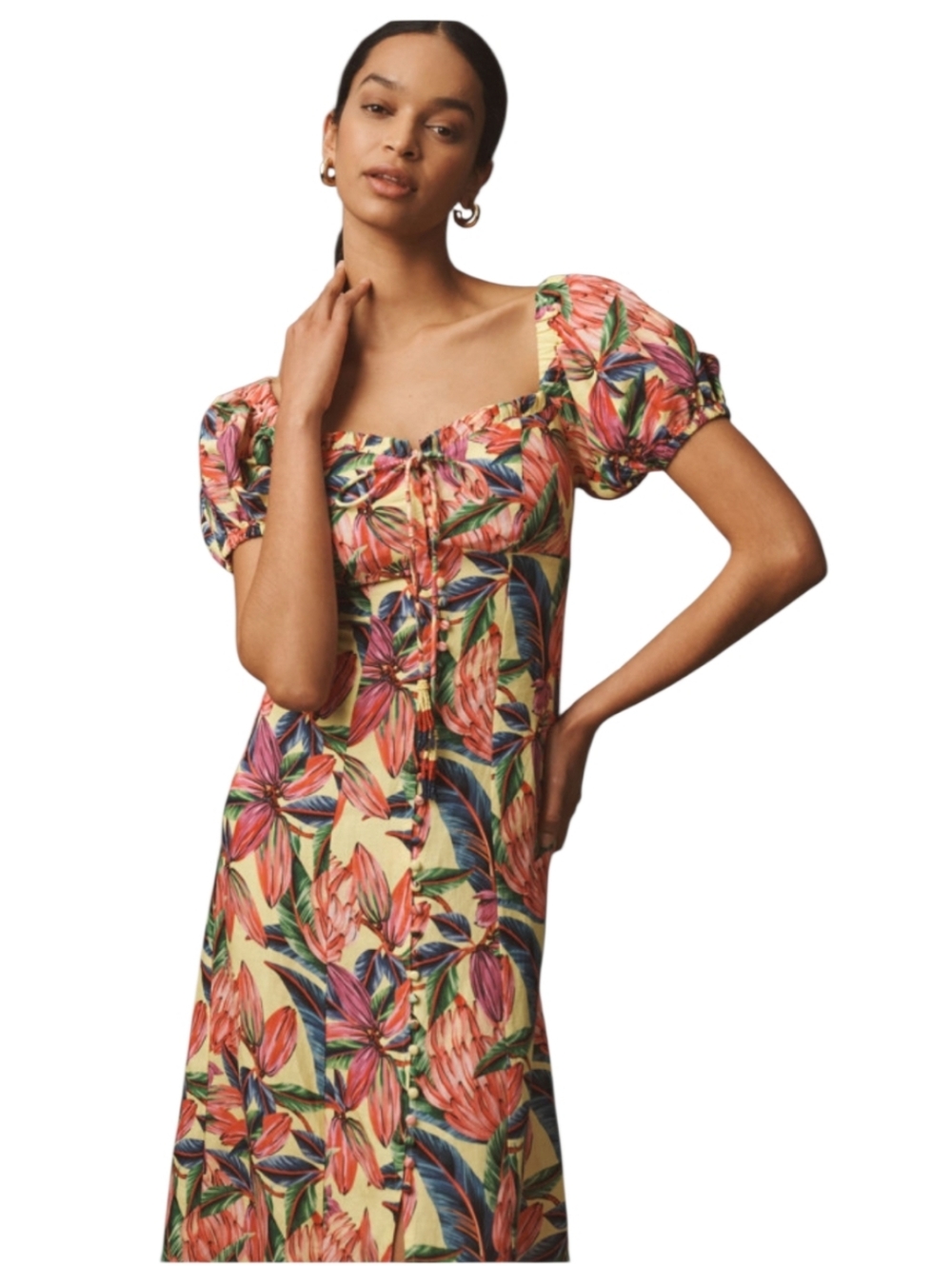 Farm Rio Puff-Sleeve Sweetheart Linen Dress - Picture 4 of 10